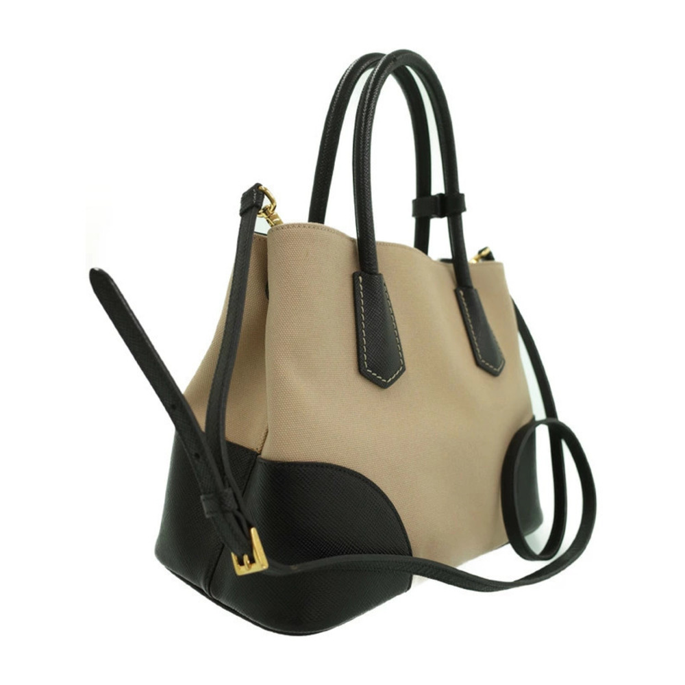 Prada beige tote canvas black Saffiano leather bag